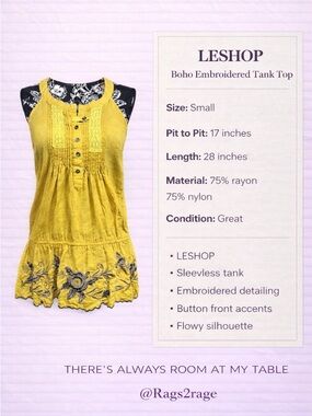 LESHOP Boho Embroidered Tank Top Small Yellow Sleeveless Floral Detail